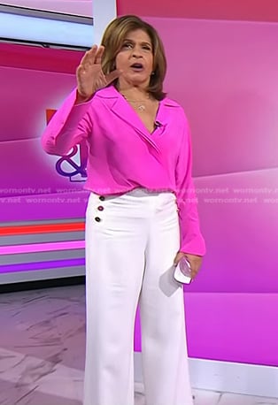 Hoda's pink shirt and white button detail pants on Today