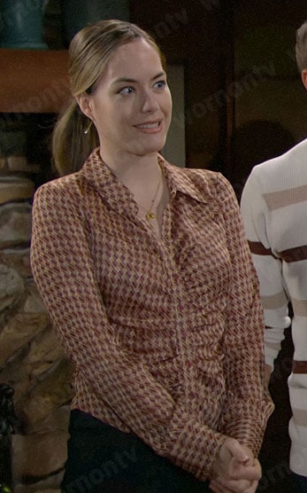 Hope's printed ruched button front top on The Bold and the Beautiful