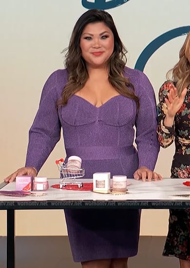 Jenn Chan's purple metallic ribbed dress on Access Hollywood