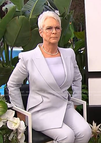 Jamie Lee Curtis's pale blue asymmetric blazer on E! News