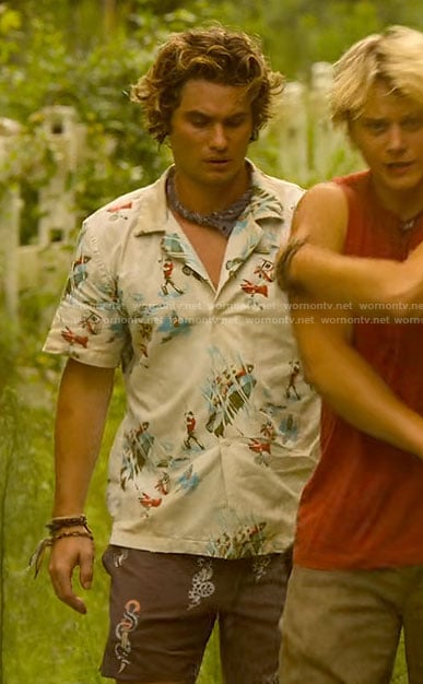 John B's fishing graphic print button down and snake print shorts on Outer Banks