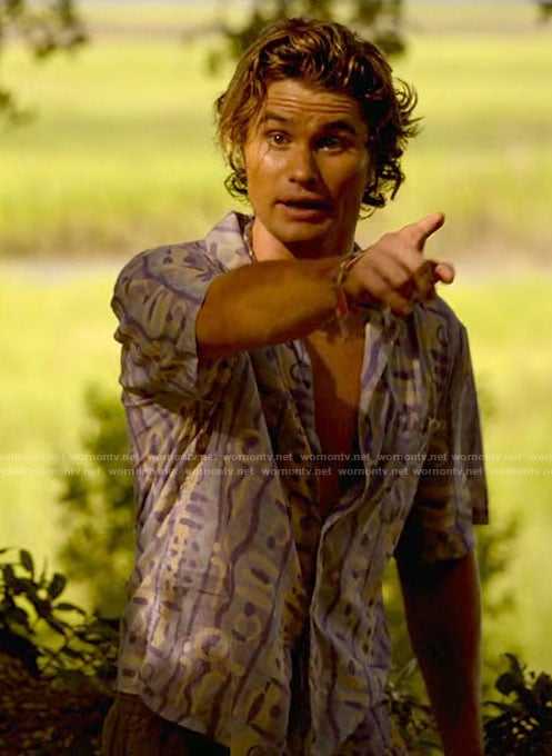 John B's purple printed button down on Outer Banks