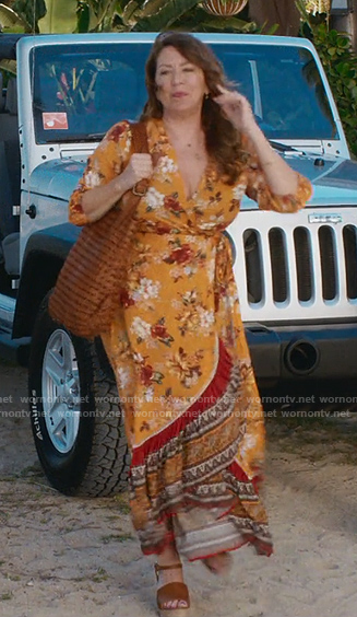 Joy's yellow floral wrap dress on Fantasy Island