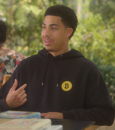 Junior's black Bitcoin logo hoodie on Grown-ish