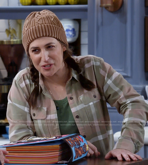 Kat's khaki checked shirt and cable knit beanie on Call Me Kat