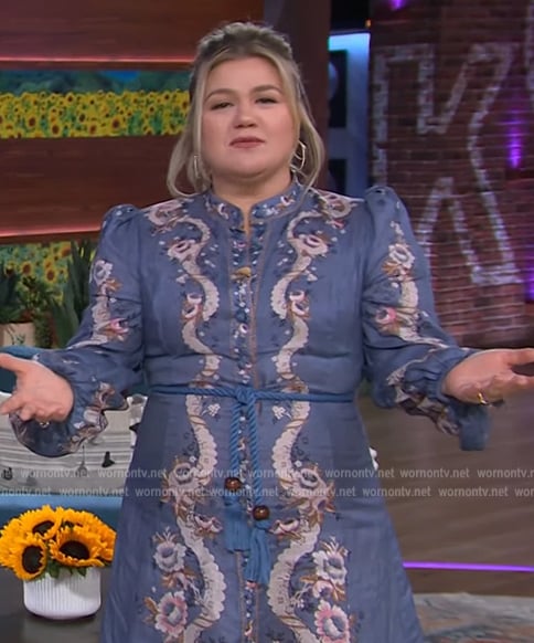 Kelly's blue floral print belted dress on The Kelly Clarkson Show