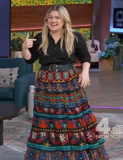Kelly's black printed ruffle maxi skirt on The Kelly Clarkson Show