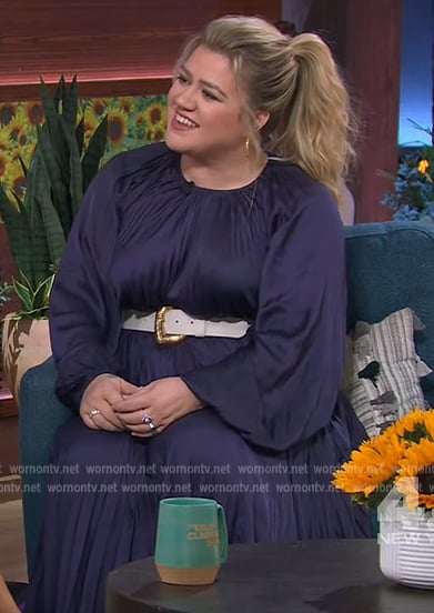 Kelly's navy satin asymmetric dress on The Kelly Clarkson Show