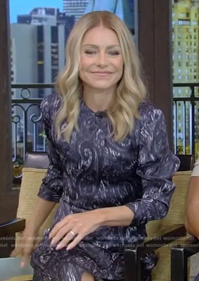 Kelly's blue printed dress on Live with Kelly and Ryan
