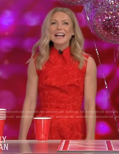 Kelly's red floral embroidered sleeveless dress on Live with Kelly and Ryan