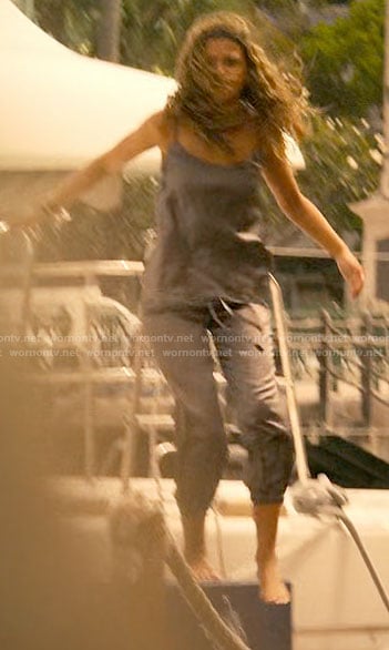Kiara's grey silky jogger pajama set on Outer Banks