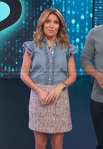 Kit's ruffle chambray top and tweed mini skirt on Access Hollywood