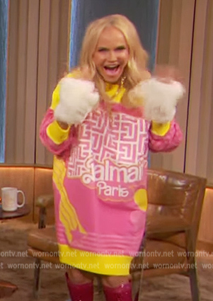 Kristin Chenoweth's pink Balmain monogram sweater dress on The Drew Barrymore Show