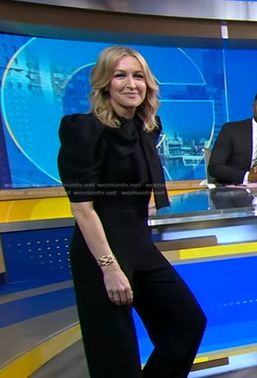 Lara's black tie neck jumpsuit on Good Morning America