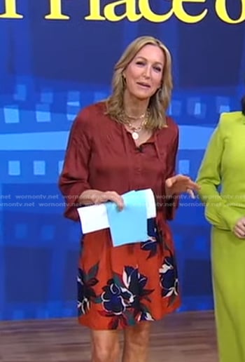 Lara's brown blouse and floral mini skirt on Good Morning America