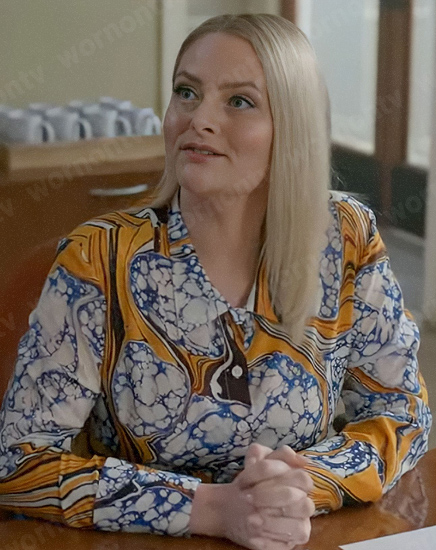 Lexi's blue and orange printed blouse on Not Dead Yet