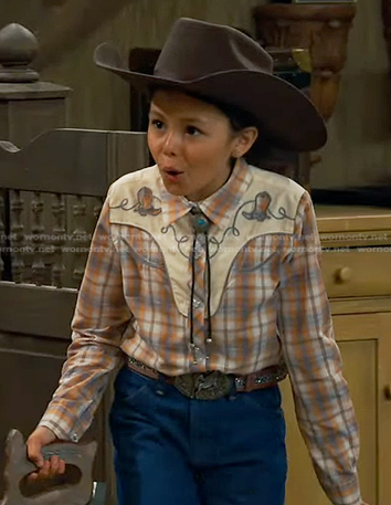 Marsha's beige plaid western shirt on Bunkd