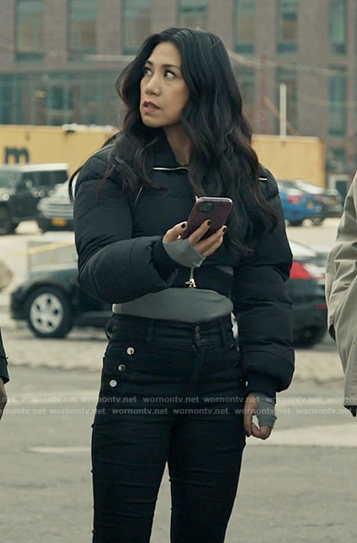 Mel's cropped bomber jacket and button detail jeans on The Equalizer