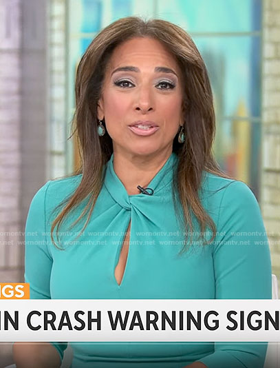 Michelle Miller's turquoise green twisted neck dress on CBS Mornings