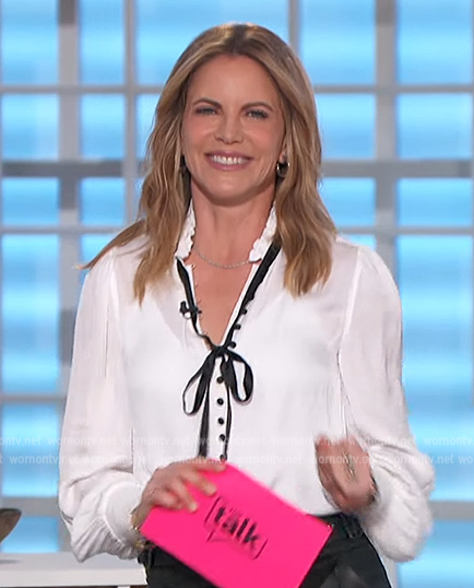 Natalie's white contrast tie neck blouse on The Talk