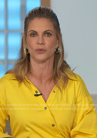 Natalie's yellow asymmetric button shirtdress on The Talk