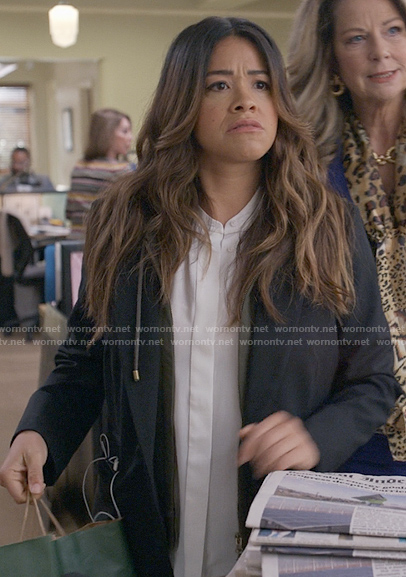 Nell's black blazer with green hoodie on Not Dead Yet