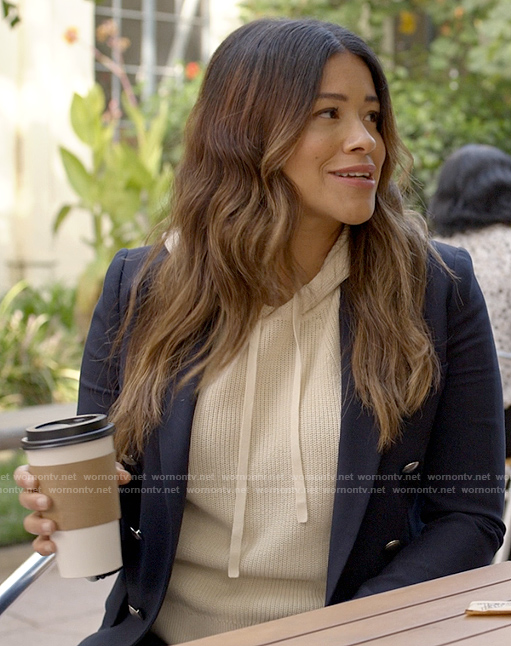 Nell's navy blazer with silver buttons on Not Dead Yet