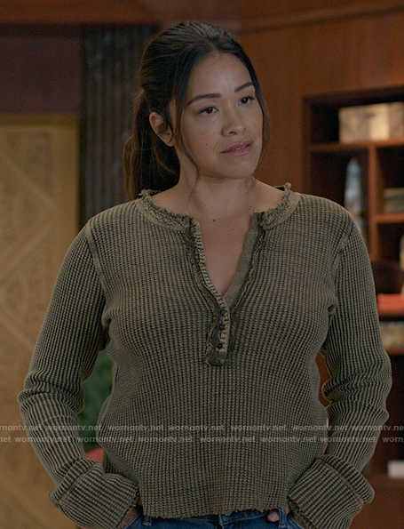 Nell's olive green henley top on Not Dead Yet