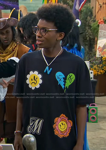 Noah's black smiley face print tee on Bunkd