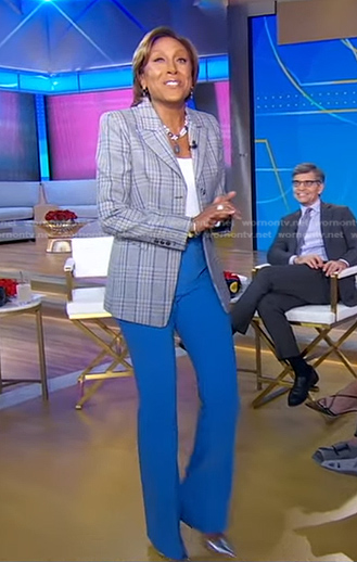 Robin's grey plaid blazer and blue pants on Good Morning America