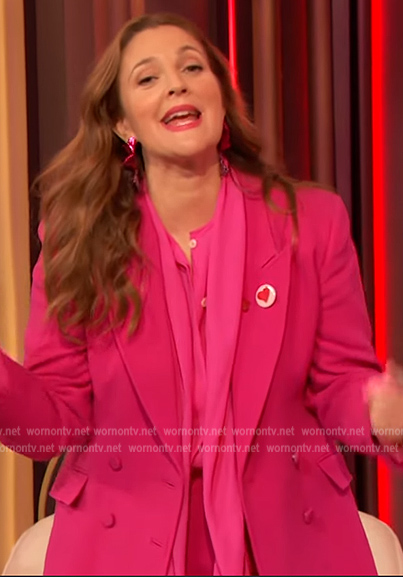Drew's pink double breasted blazer and blouse on The Drew Barrymore Show