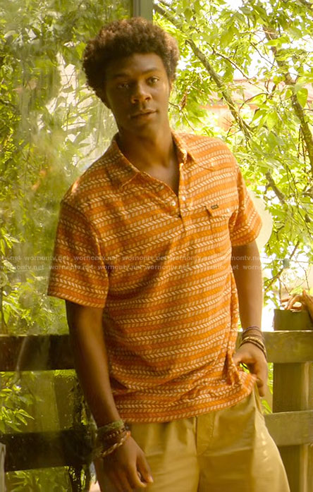 Pope's orange geometric print polo shirt on Outer Banks