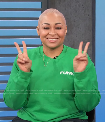 Raven-Symoné's green Funk sweatshirt on Access Hollywood
