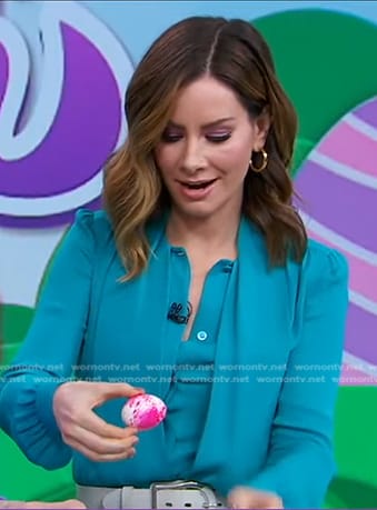 Rebecca's teal tie neck blouse on Good Morning America