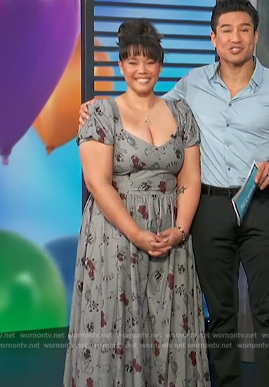 Ronni Johnson's gray printed sweetheart maxi dress on Access Hollywood