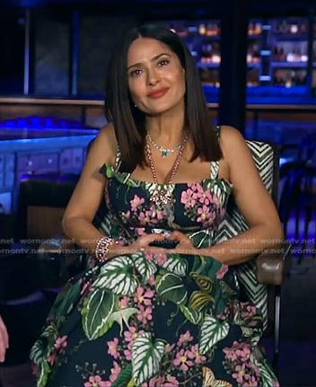 Salma Hayek's green floral print dress on E! News