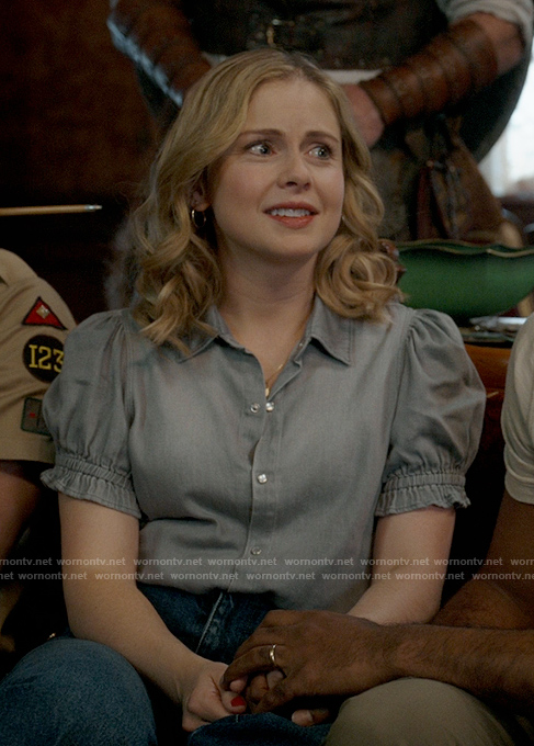 Sam's grey puff-sleeve chambray shirt on Ghosts