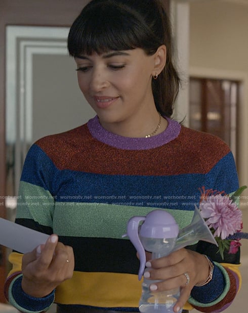 Sam's multicolor stripe metallic sweater on Not Dead Yet