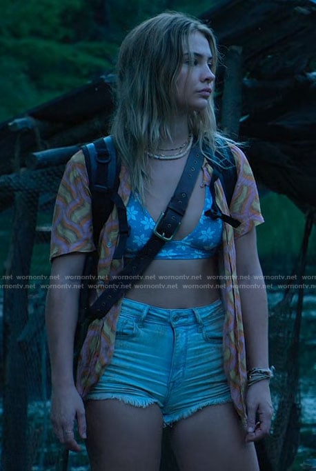 Sarah's floral bikini top and printed shirt on Outer Banks