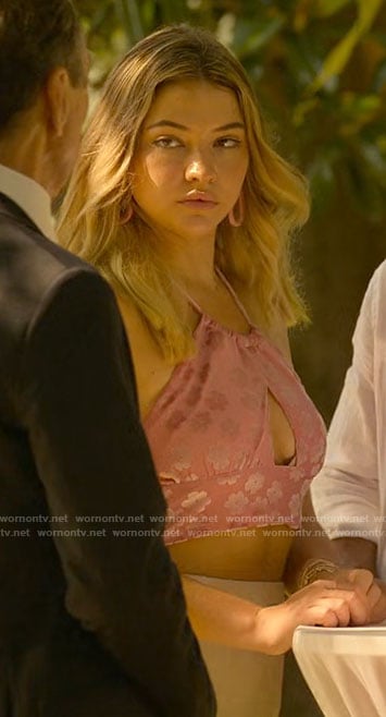 Sarah's pink floral crop halter top on Outer Banks