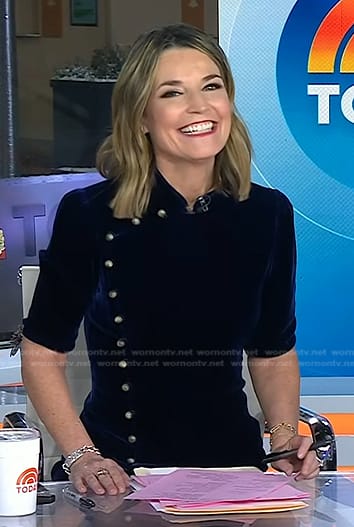 Savannah's navy buttoned velvet dress on Today
