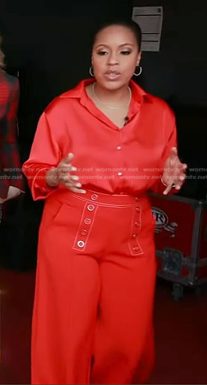 Sheinelle's red satin shirt and wide-leg pants on Today
