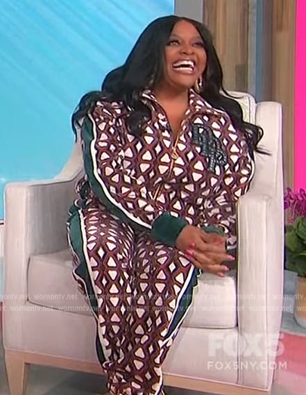 Sherri's geometric print track jacket and pants on Sherri