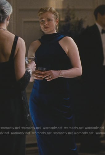 Shiv's blue velvet maxi dress on Succession