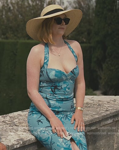 Shiv's blue floral halter dress on Succession