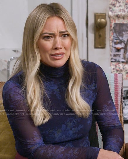 Sophie's blue floral mesh turtleneck top on How I Met Your Father