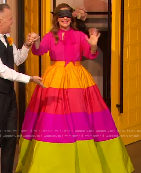 Drew's pink tie neck blouse on The Drew Barrymore Show