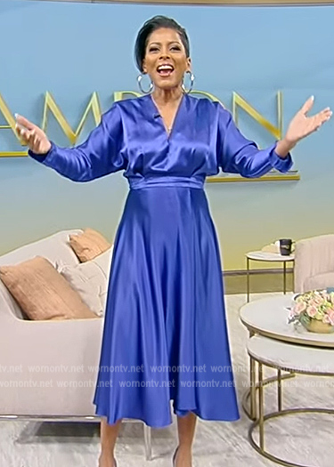 Tamron's blue satin v-neck dress on Tamron Hall Show