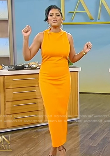 Tamron's orange sleevless midi dress on Tamron Hall Show