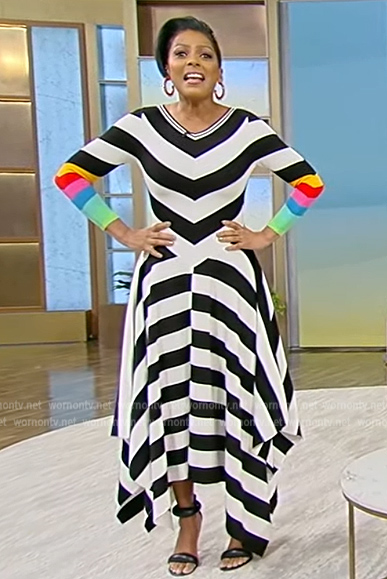 Tamron's asymmetric contrast stripe dress on Tamron Hall Show
